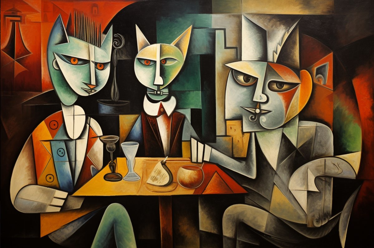 cubistic painting in reduced colors, anthropomorph cats in evening suits, drinkin coffee in a bar, by pablo picasso1.2  KI-Prompt Inspiration: Picasso selbstgemacht