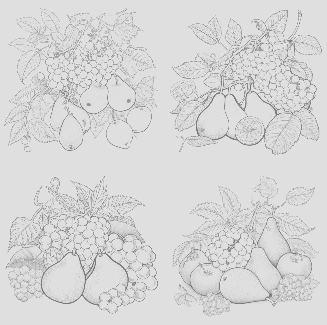 Garden fruits, coloring book for adults, no detail, outline no colour. Generative KI: Malbücher selbstgemacht