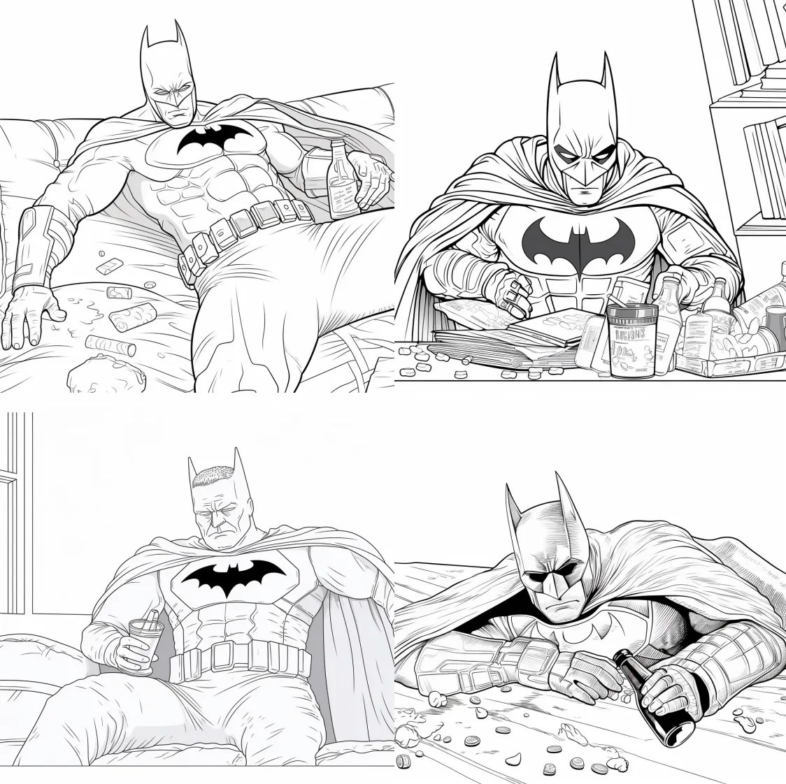 drunk Batman as drug victim, coloring book for adults, no detail, outline no colour