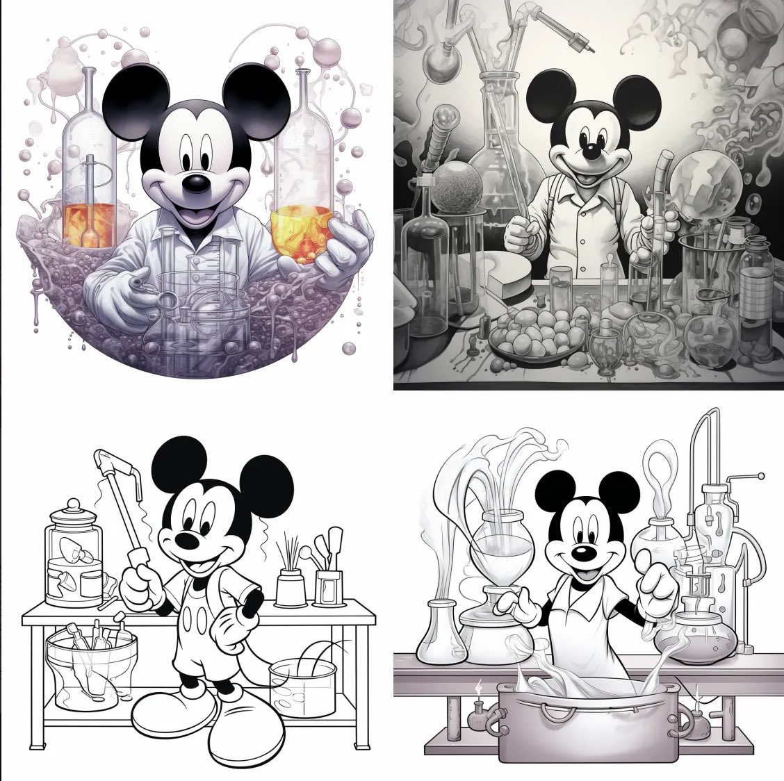 mickey mouse in breaking bad meth lab, coloring book for adults, no detail, outline no colour