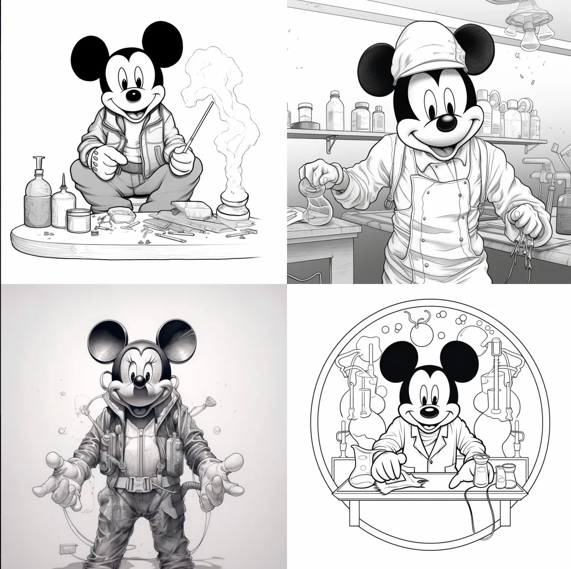 mickey mouse in breaking bad meth lab, coloring book for adults, no detail, outline no color --no color 