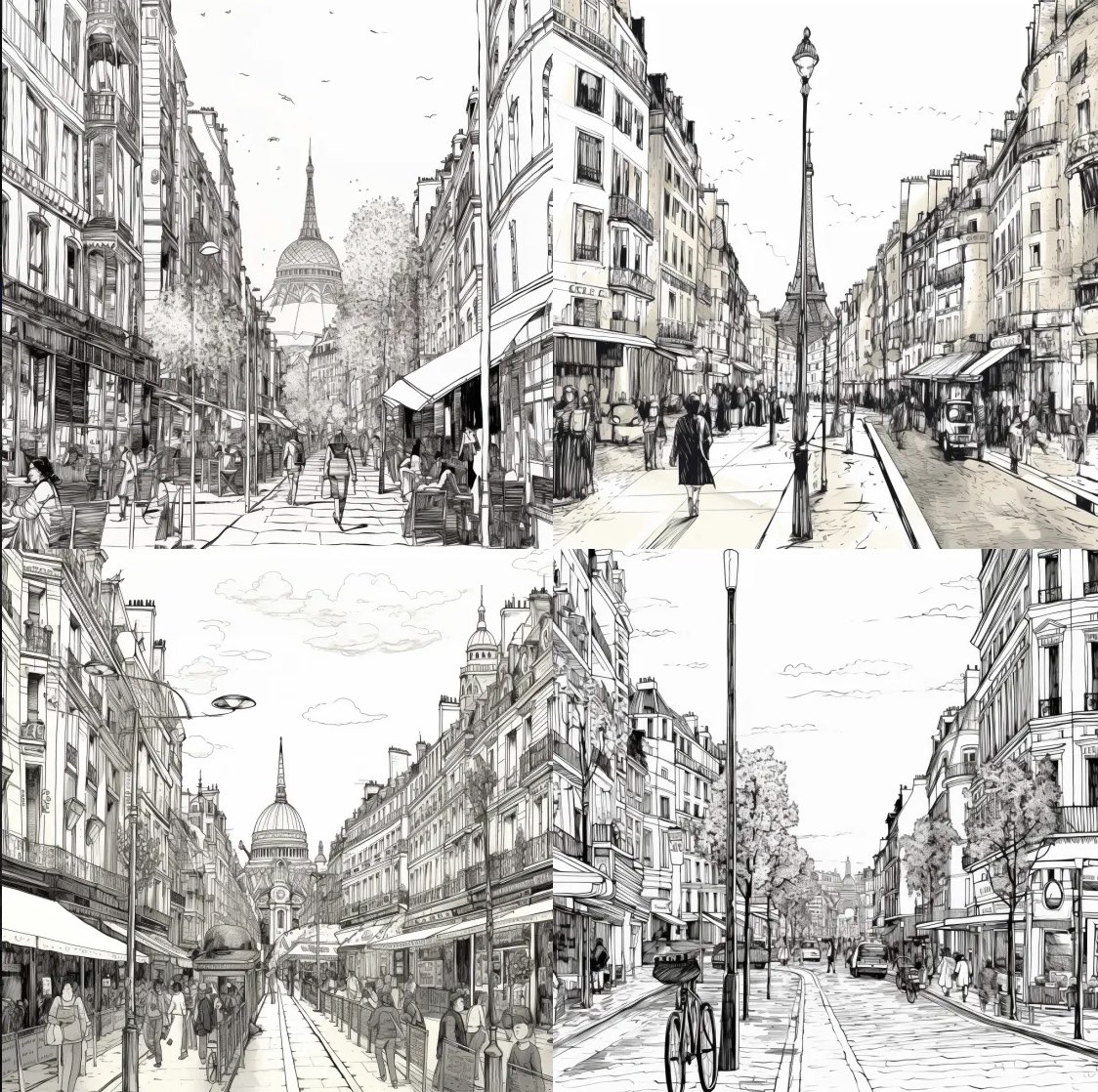 paris streetscene, coloring book for adults, no detail, outline no colour, in style of enki bilal --no color 