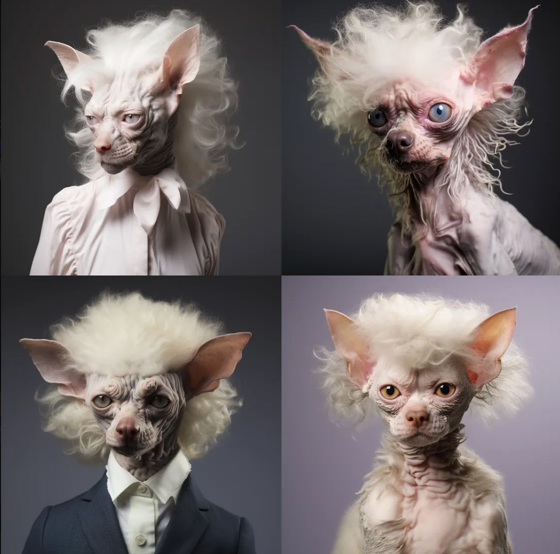 studio photography, hybrid creature mixing poodle head, Siamese cat body. Mischwesen