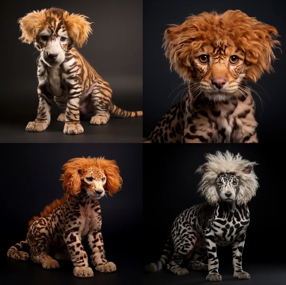 studio photography, hybrid creature poodle-tiger. Mischwesen