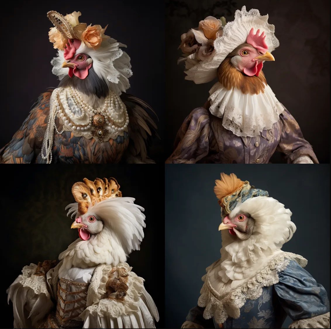 studio photography, female chicken dressed in baroque style