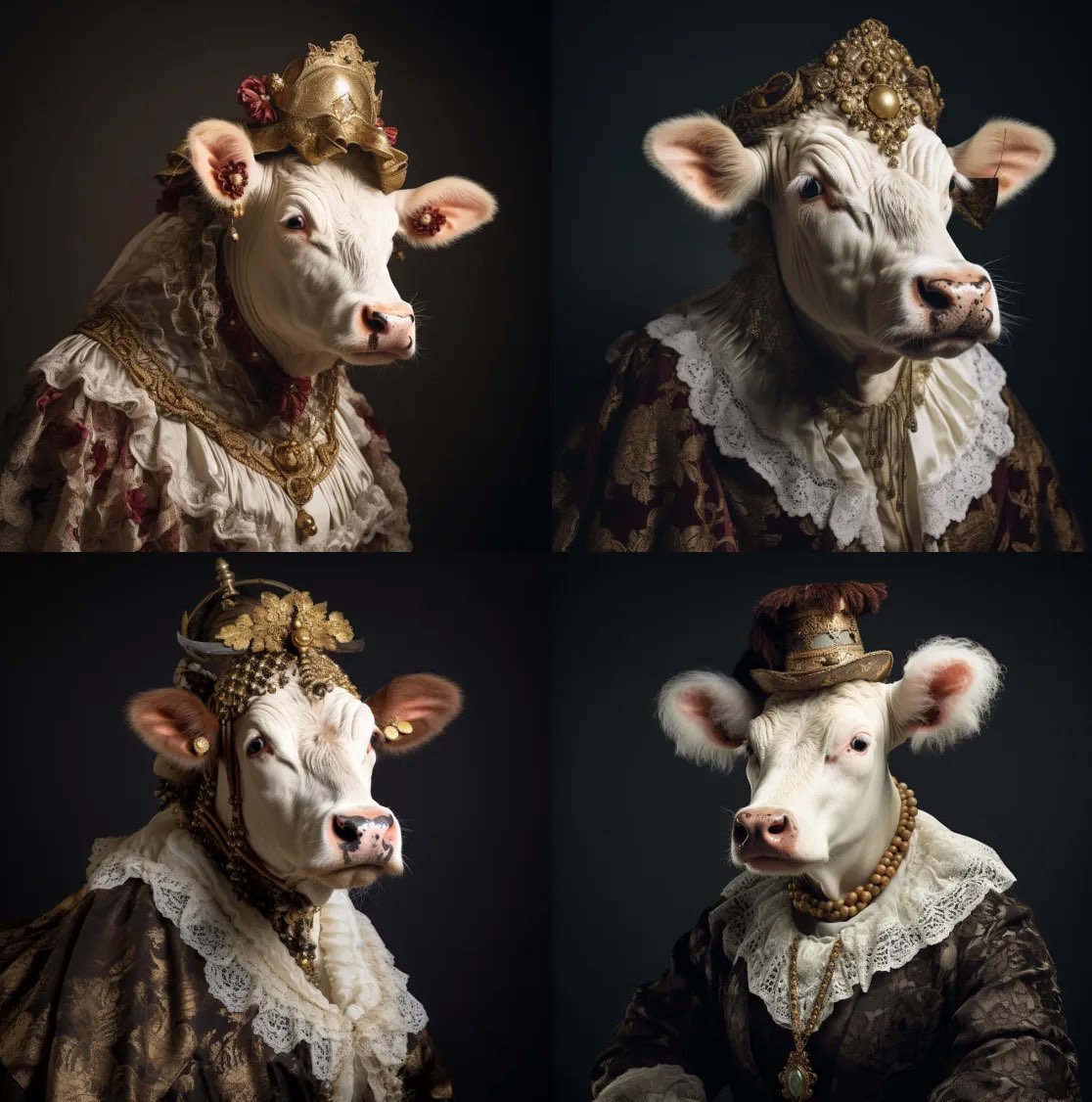 studio photography, female cow dressed in baroque style, exquisite clothing detail 