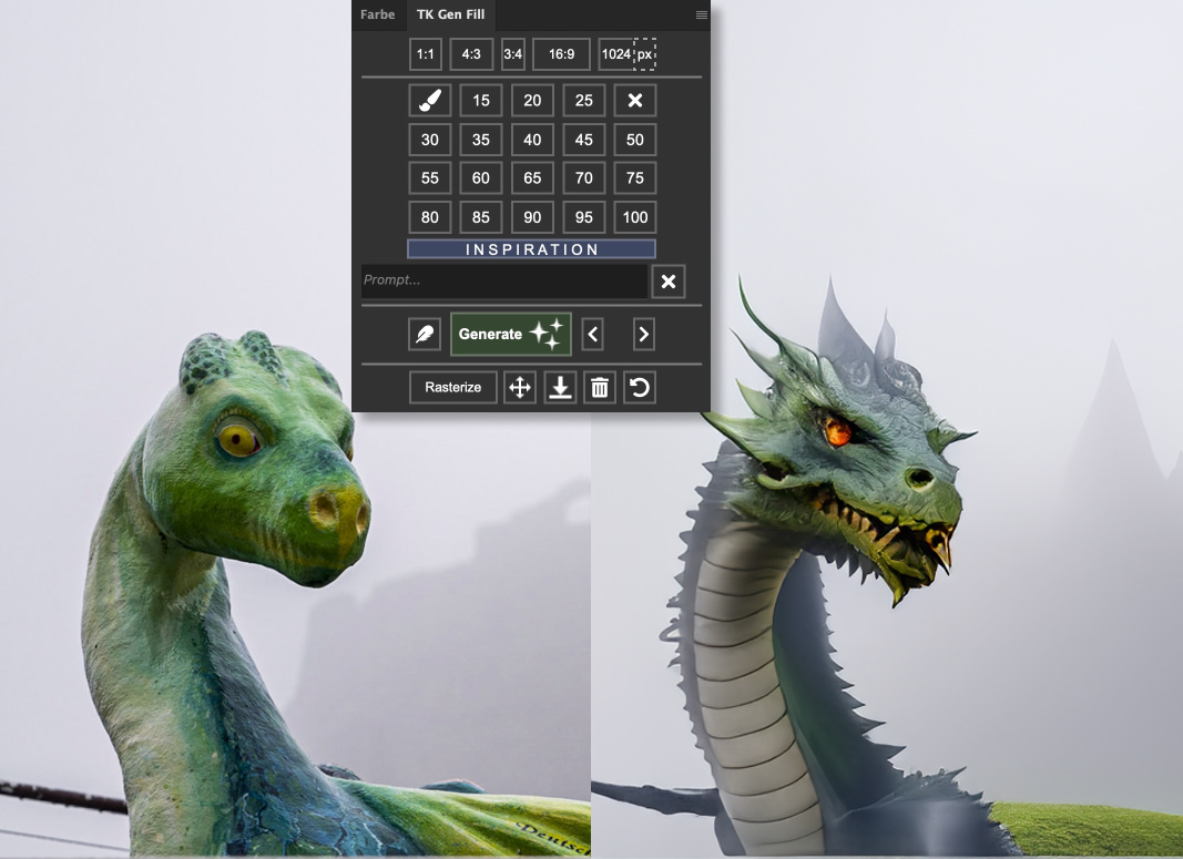 Drache: Illustration aus Foto per »Generativer Füllung«. Praktisches Photoshop-Plug-in für die »Generative Füllung«