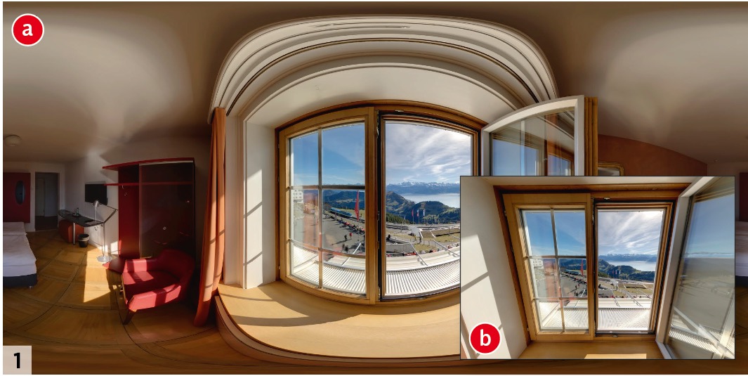 Gegenüber dem begrenzten 2:3-Ausschnitt (b) zeigt das Panoramabild eine komplette Rundumsicht des Zimmers (a). Panoramafotografie