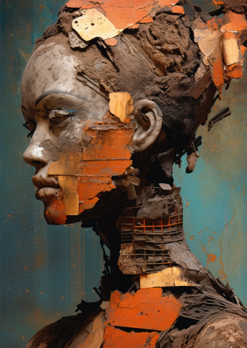 Prompt: an old painting of a lady upper body, in the style of apocalyptic collage, ingrid baars, steve, fragmented portraiture, split toning, rendered in maya, rusty debris --ar 82:125 --style raw (plus Referenz-Bild und Bearbeitung in Photoshop).  KI- & Photo­shop-Workflows