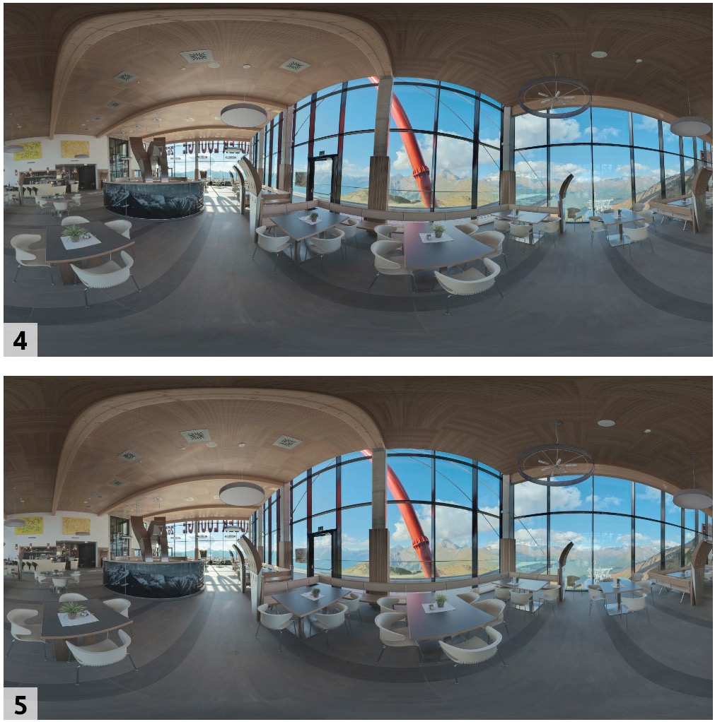 Panoramaaufnahmen mit um nur 3 Grad verstellter Hochachse 4 und mit exakt senkrecht ausgerichteter Drehachse 5. Panoramafotografie