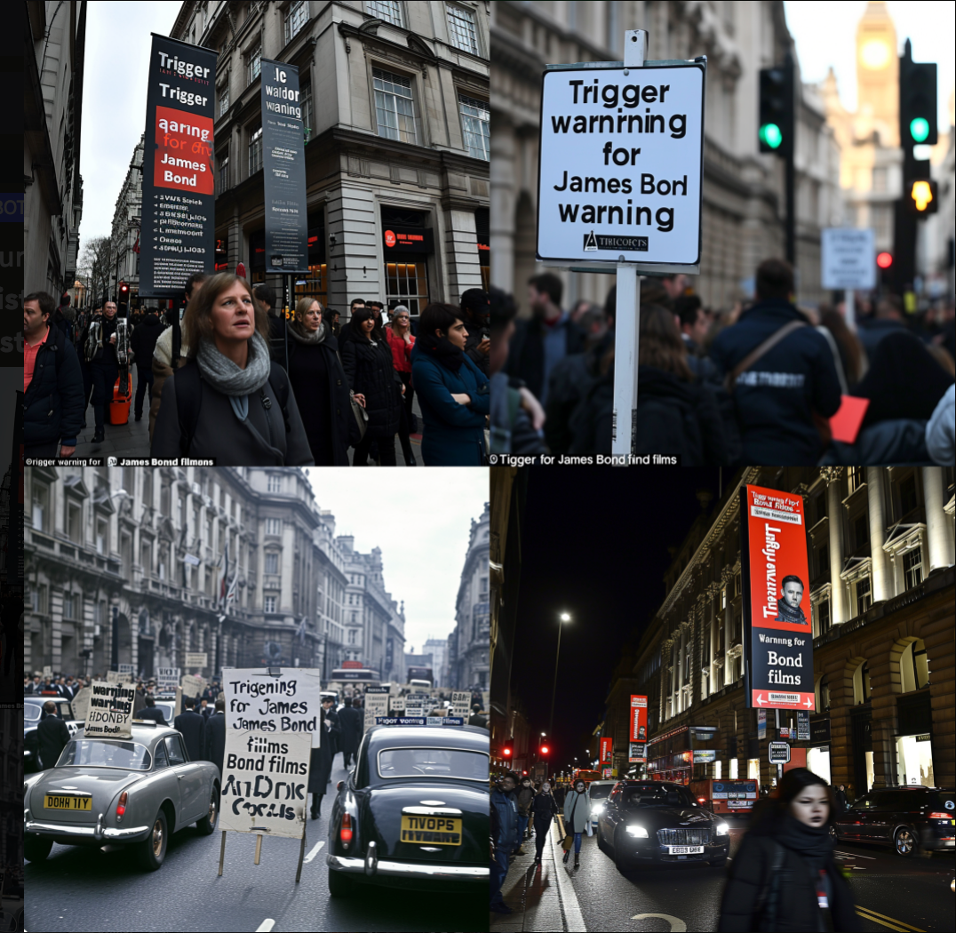 Activists on a busy street in front of a ministry in London demand "Trigger warning for James Bond films" on signs --s 50 --v 6.0 --style raw 