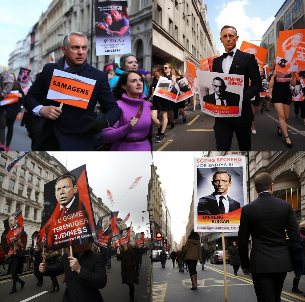 Activists on a busy street in front of a ministry in London demand "Trigger warning for James Bond films" on signs --s 50 --v 5.2 --style raw