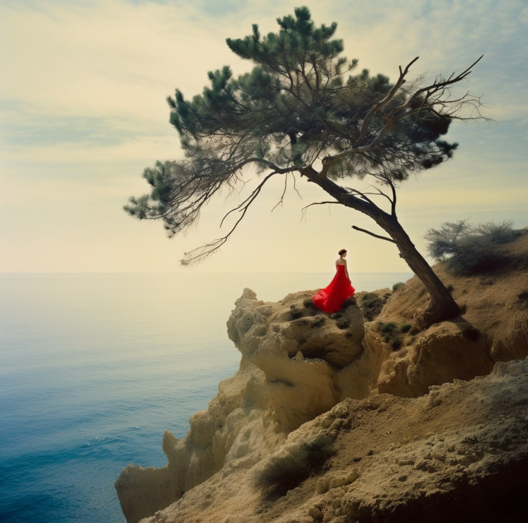 Robust green trees arching over a high chalk cliff vista. A woman in a vibrant red dress, seated, pointing towards the abyss. Near her, a man in dark clothing gazes into the vast sea, where tiny sailboats drift. Contrasting colors to emphasize the bright limestone against the deep blues of the sea. Capture the soft diffusion of light across the scene, casting gentle shadows and giving the landscape a serene, majestic quality. The human figures are small, reinforcing nature's grandeur