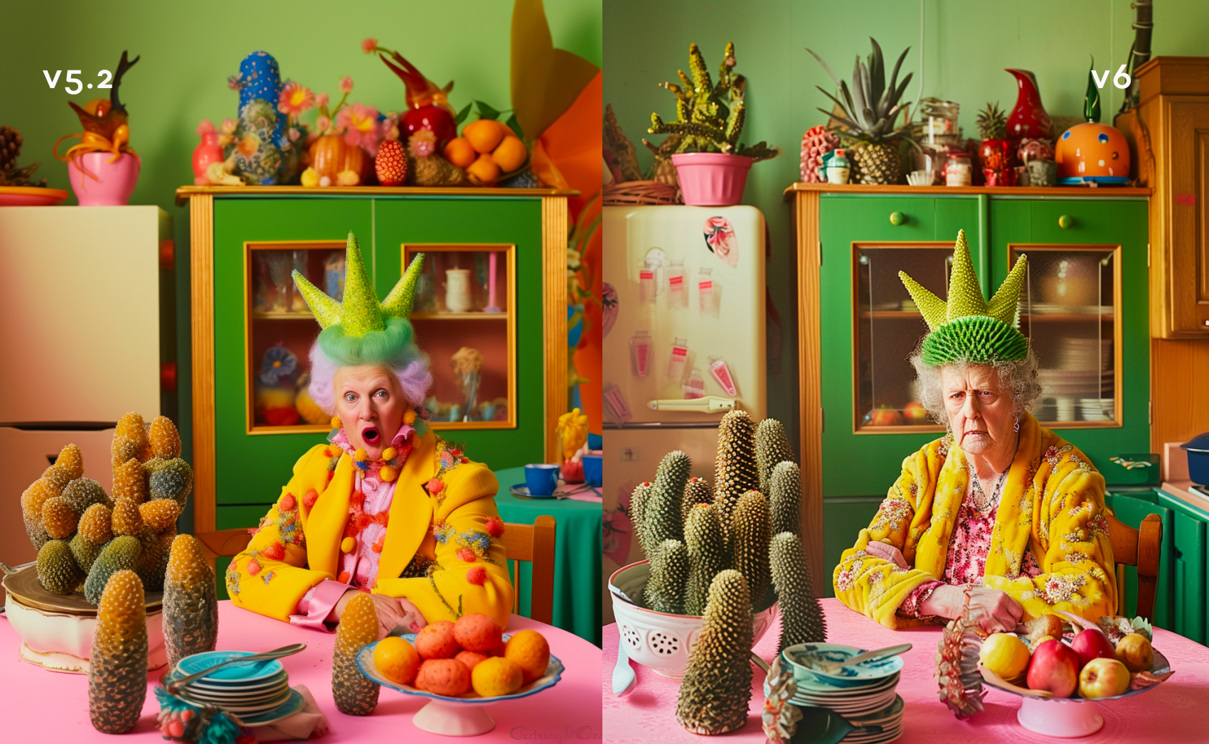 daniel sebat's hysterical british advertising campaign, in the style of rachel maclean, alma woodsey thomas, kitchen still life, spiky mounds, photo taken with provia, grandparentcore, stylish costume design. Generative KI: Midjourney V6