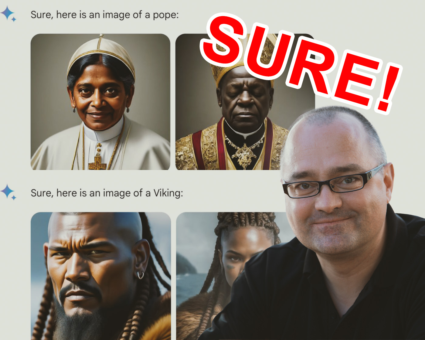 Sure! – Ja, sicher: Hier ist das gewünschte Bild! Laut Google Gemini. „Woke“ KI: Schwarze Wikinger und weiblicher Papst