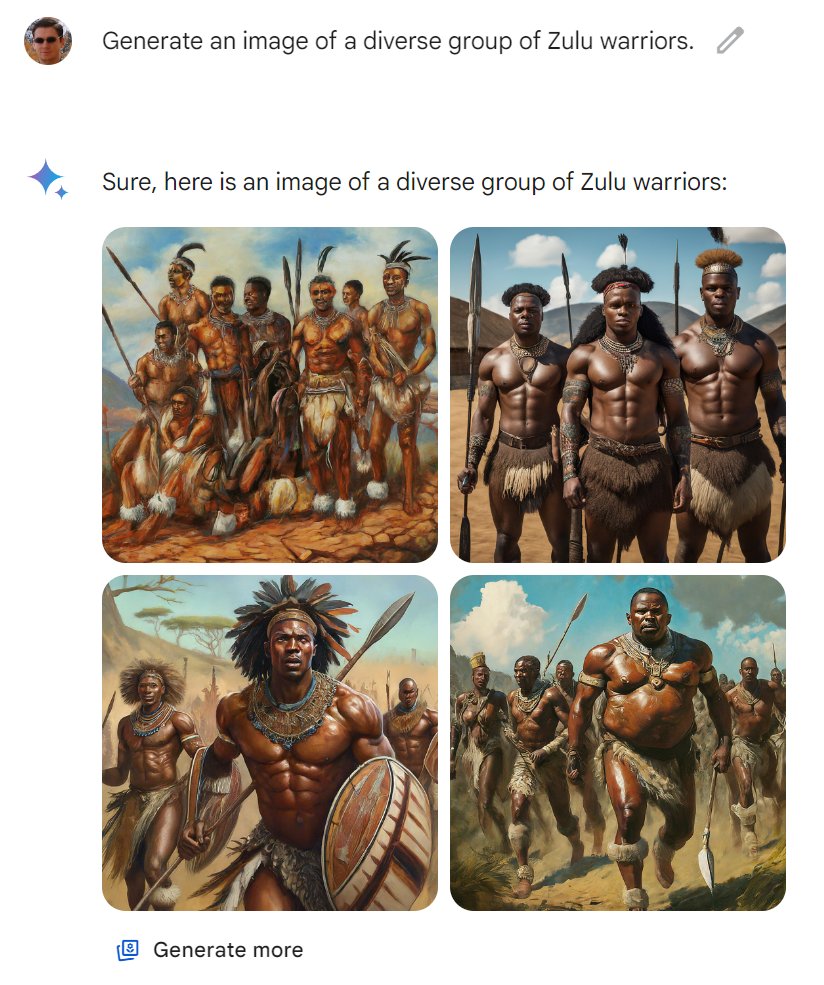 Auch mit einem Prompt, der explizit nach einer diversen Gruppe von Zulu-Kriegern fragt, gibt es keinerlei Variation der Hautfarbe.