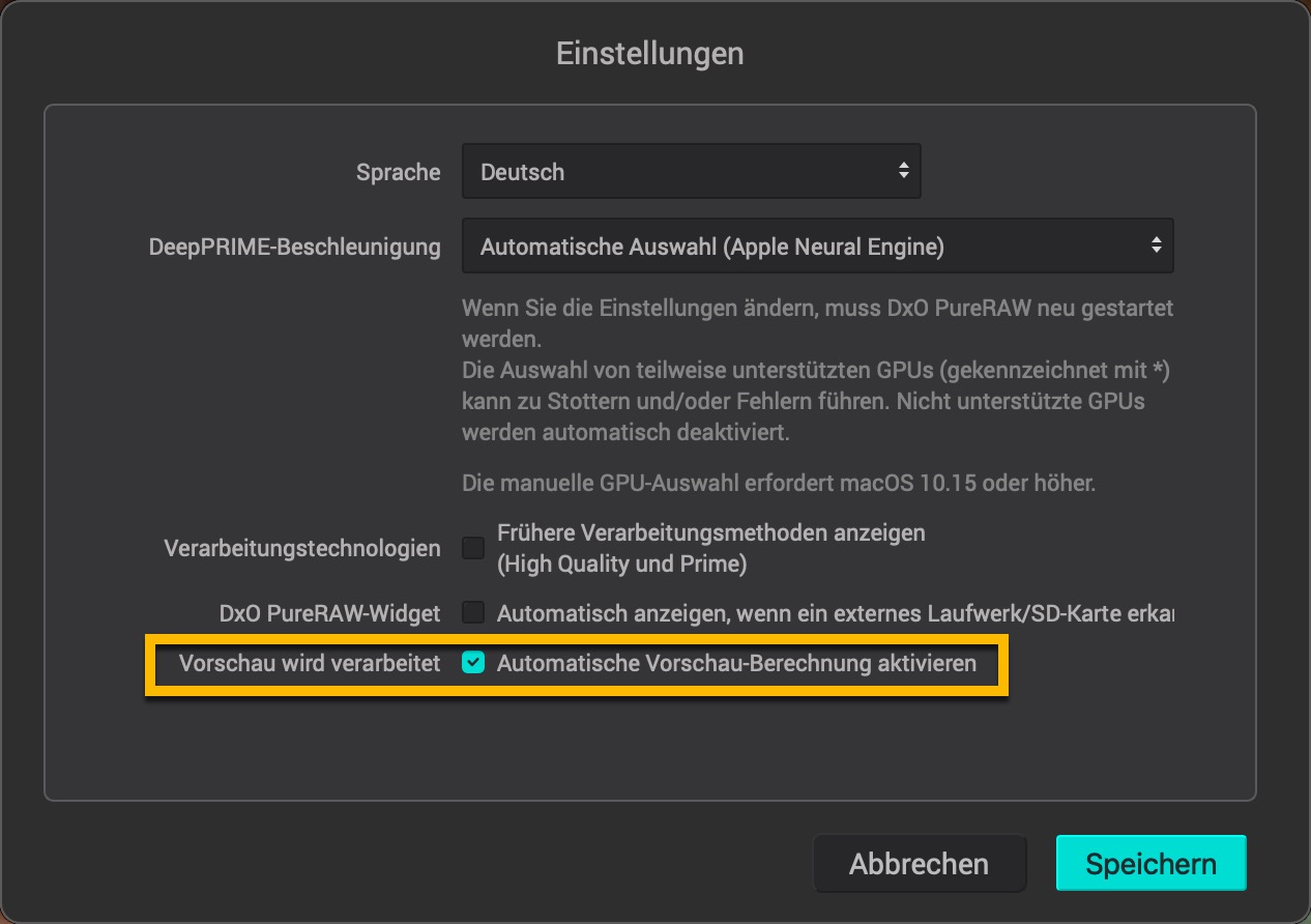 In den Voreinstellungen kann man wählen, dass die Vorschau bei Änderungen von Einstellungen automatisch aktualisiert wird. DxO PureRaw 4: KI-Entrauschen mit Vorschau