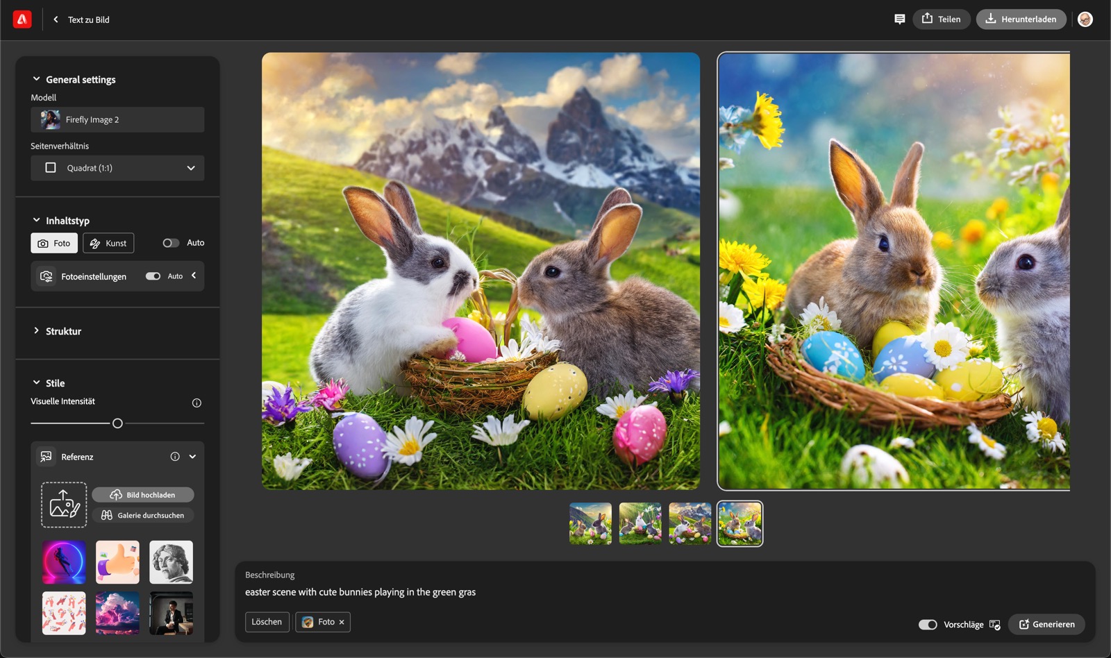 Eine süße Osterszene generiert – hier ohne Stilreferenz. Adobe Firefly jetzt mit Strukturreferenz-Funktion