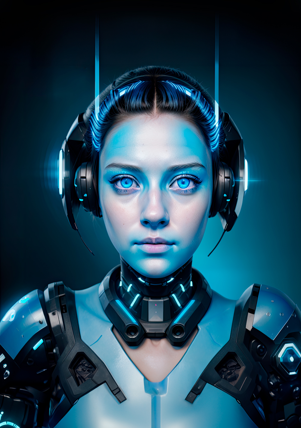 Prompt: Portrait of a cybernetic girl, realistic 16K, blue colored eyes, poster, neon glows, cyberpunk, high-res, full head. Model: epicrealism\_natural, Stable Diffusion 1.5 