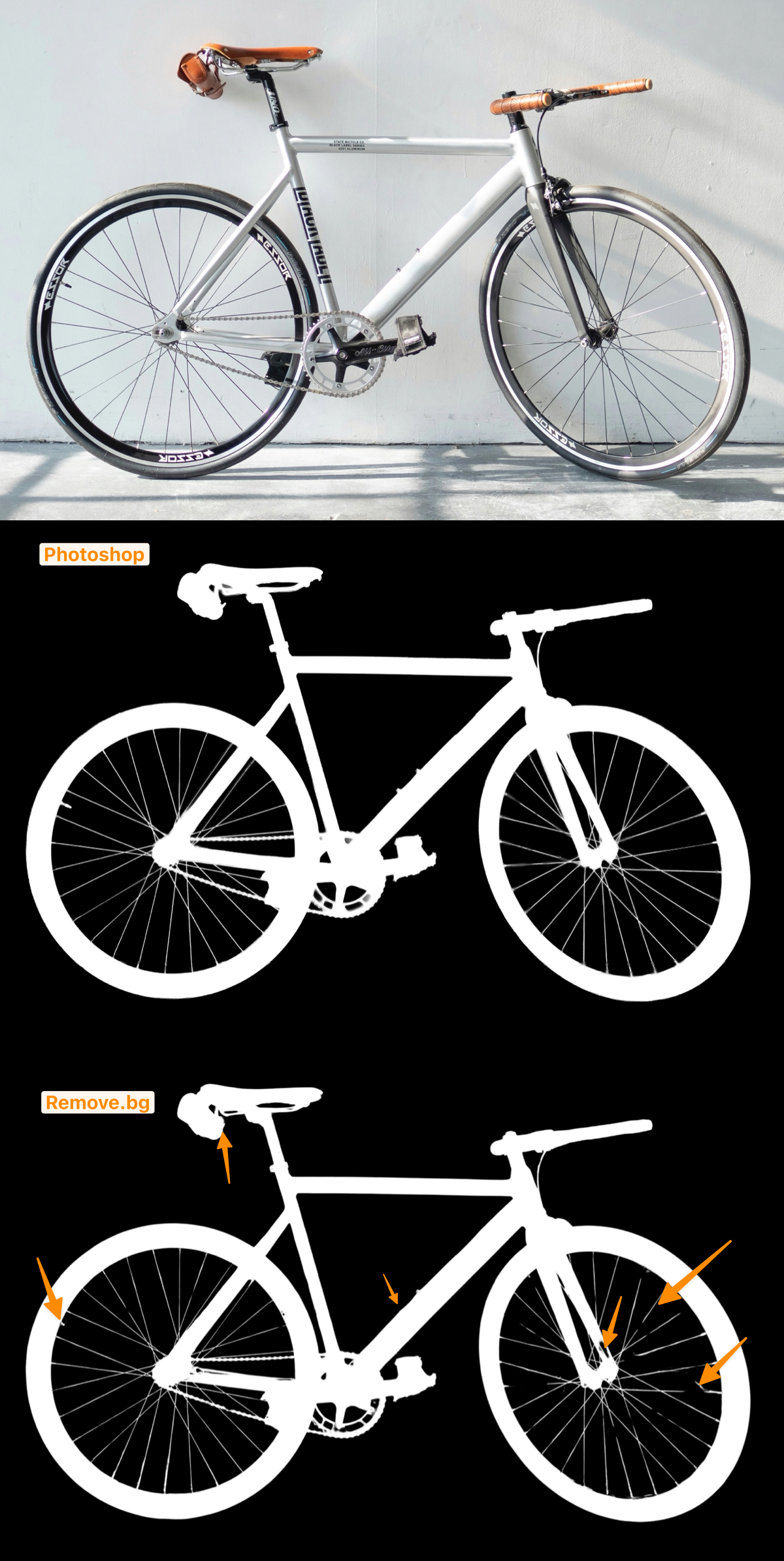 Bei diesem Fahrrad erhalten Sie mit der lokalen Motivfreistellung von Photoshop als auch mit der KI von Picture Instruments keine brauchbaren Ergebnisse. REmove.bg schlägt sich dagegen wacker (unten), kann jedoch mit der präziseren Maske von Photoshops cloudbasierter Motivfreistellung (Mitte) nicht mithalten. © Daniel Salcius – Unsplash