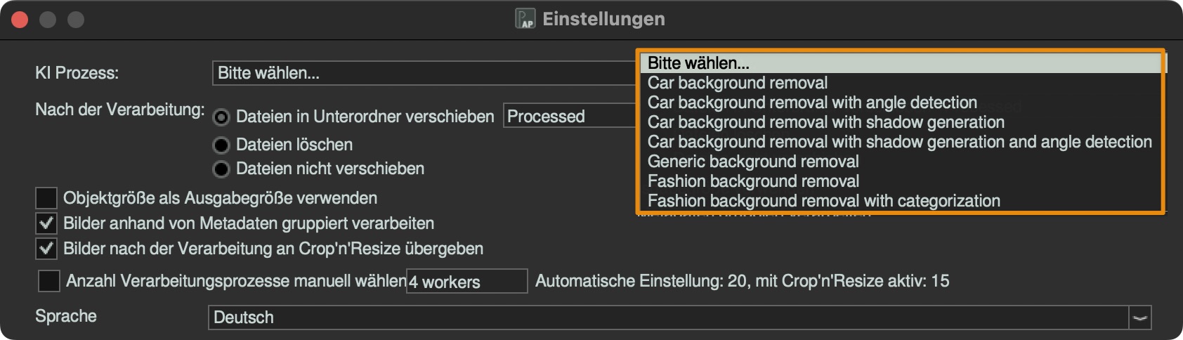 In den Einstellungen des AI-Processors können Sie nicht nur das KI-Modell wählen, sondern auch bereits bearbeitete Dateien in einen Unterordner verschieben. Sollte es zu einem Programm- oder Rechnerabsturz kommen, können Sie so später einfach dort fortsetzen, wo die Stapelverarbeitung abgebrochen wurde.