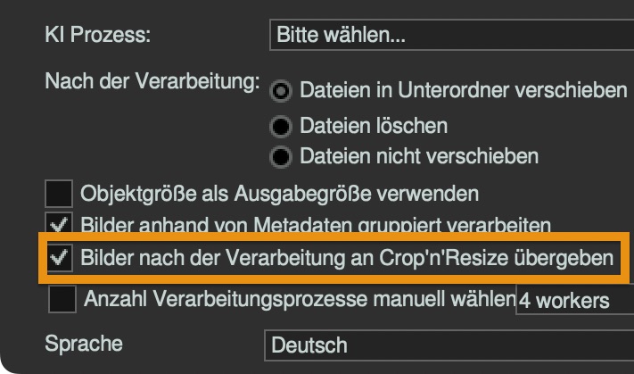 Die Übergabe an die App „Crop & Resize“ ist standardmäßig aktiviert. Damit dort eine Bearbeitung erfolgt, müssen Sie zuvor einen „Job“ mit den gewünschten Aufgaben erzeugen.