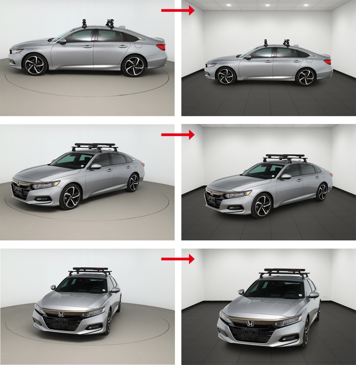 Der eingefügte neue Hintergrund kann bei Bedarf je nach Drehwinkel automatisch perspektivisch angepasst statt einfach nur hinter das freigestellte Auto gesetzt werden. Einer genauen perspektivischen Analyse mit exakt geometrisch konstruierten Fluchtlinien würden die Ergebnisse zwar nicht immer standhalten – sie sind aber erheblich besser als es die eines einfachen Hintergrundtauschs wären. © Picture Instruments
