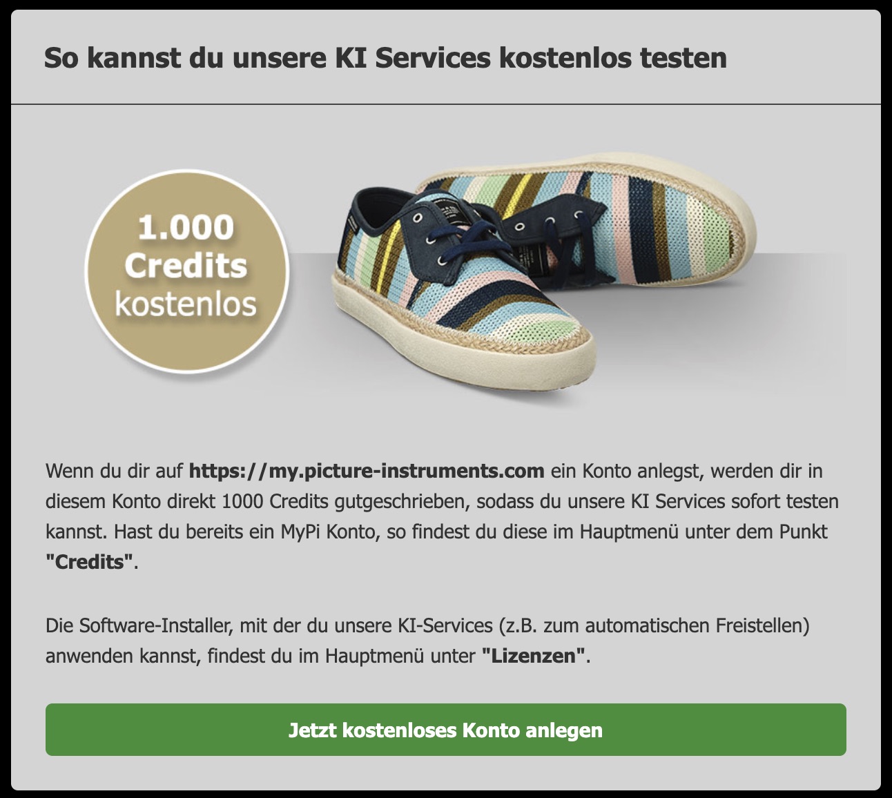 Für das Testen der Programmfunktionen erhalten Sie initial 1000 Credits von Picture Instruments.