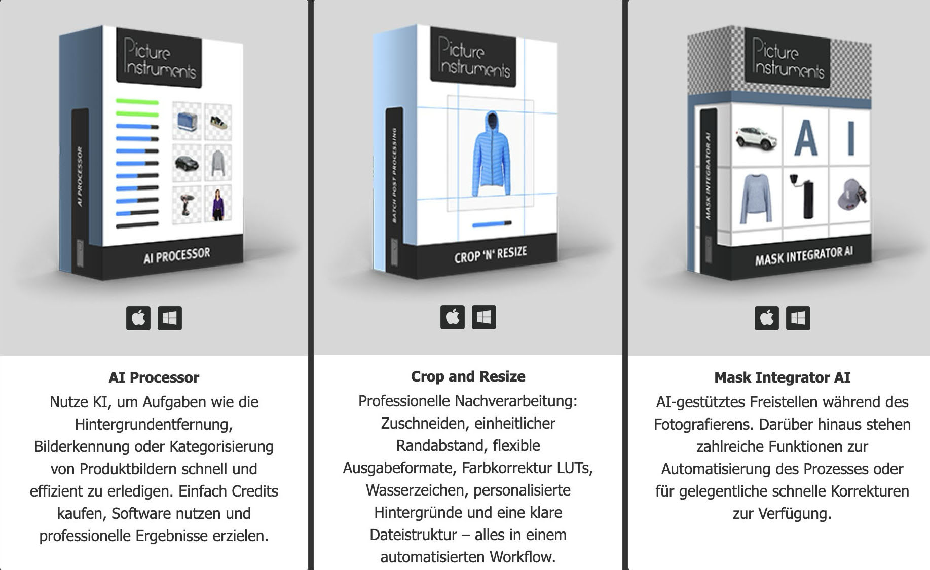Mit „AI Processor“ und „Crop & Resize“ stellen Sie große Mengen an Produktbildern für einen Online-Shop frei und lassen die Ausrichtung und Größe der Bilder automatisch optimieren. Mit „Mask Integrator AI“ können Sie die Motive schon beim Fotografieren freistellen und individuell oder im Stapel optimieren.