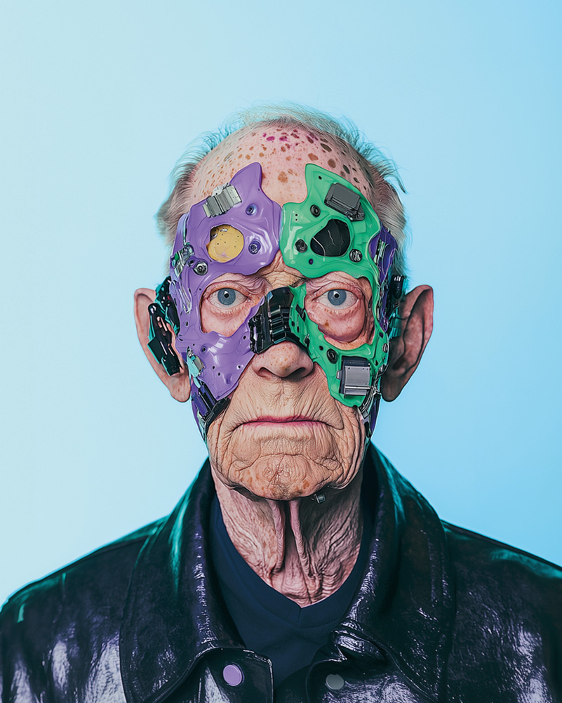 OLD TECH MAN<br/>Lassen sich Menschen­leben künstlich verlängern? Dieses 
Werk zeigt einen Milliardär, der 
es mit Technologie versucht – 
er ist „zu alt zum Sterben“.