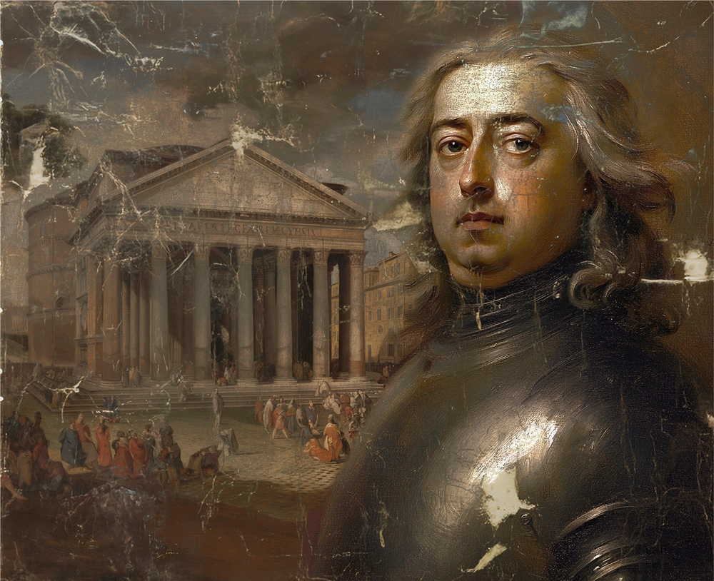 Das stark beschädigte Gemälde von Giovanni Evanescente aus dem Jahr 1700, das den Landgrafen Carl von Hessen-Cassel bei seinem Besuch in Rom vor dem Pantheon zeigt. Aber nicht nur dieses Bauwerk ist falsch – mit sieben statt acht Säulen –, sondern das ganze Gemälde ist ein KI-Fake.