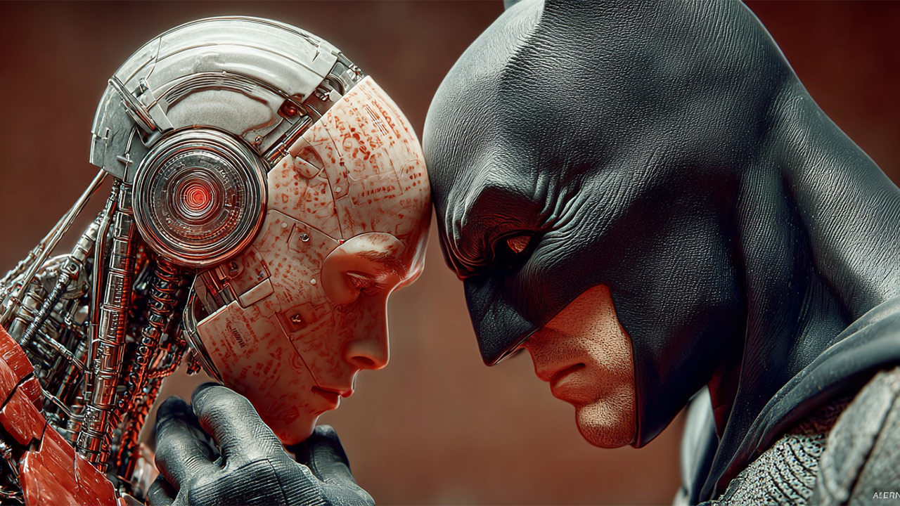 Prompt: Batman fighting artificial intelligence, still from The Dark Knight