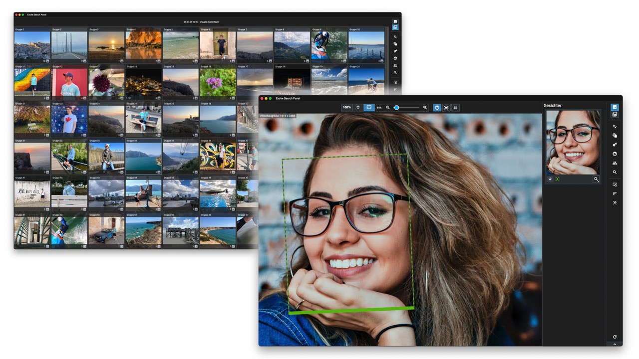 Das neue Excire Search Panel sorgt für schnellen Zugriff auf alle wichtigen KI-Tools von Excire Search. Auch eine Schärfeprüfung für Gesichter ist integriert.