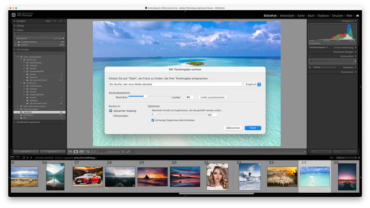 Einfach in die Freitextsuche eingeben, was auf der gesuchten Aufnahme zu sehen sein soll und die Excire KI erledigt den Rest.