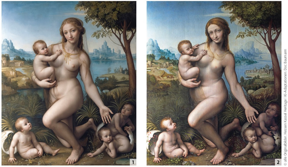 Eines dieser Bilder zeigt das Gemälde „Leda und ihre Kinder“, in den 1530er Jahren von Giovanni Pietro Rizzoli gemalt. Das andere wurde von Deep Dream Generator erzeugt, mit der Aufgabe, das hochgeladene Original leicht zu verändern. Doch welches ist das KI-Duplikat?