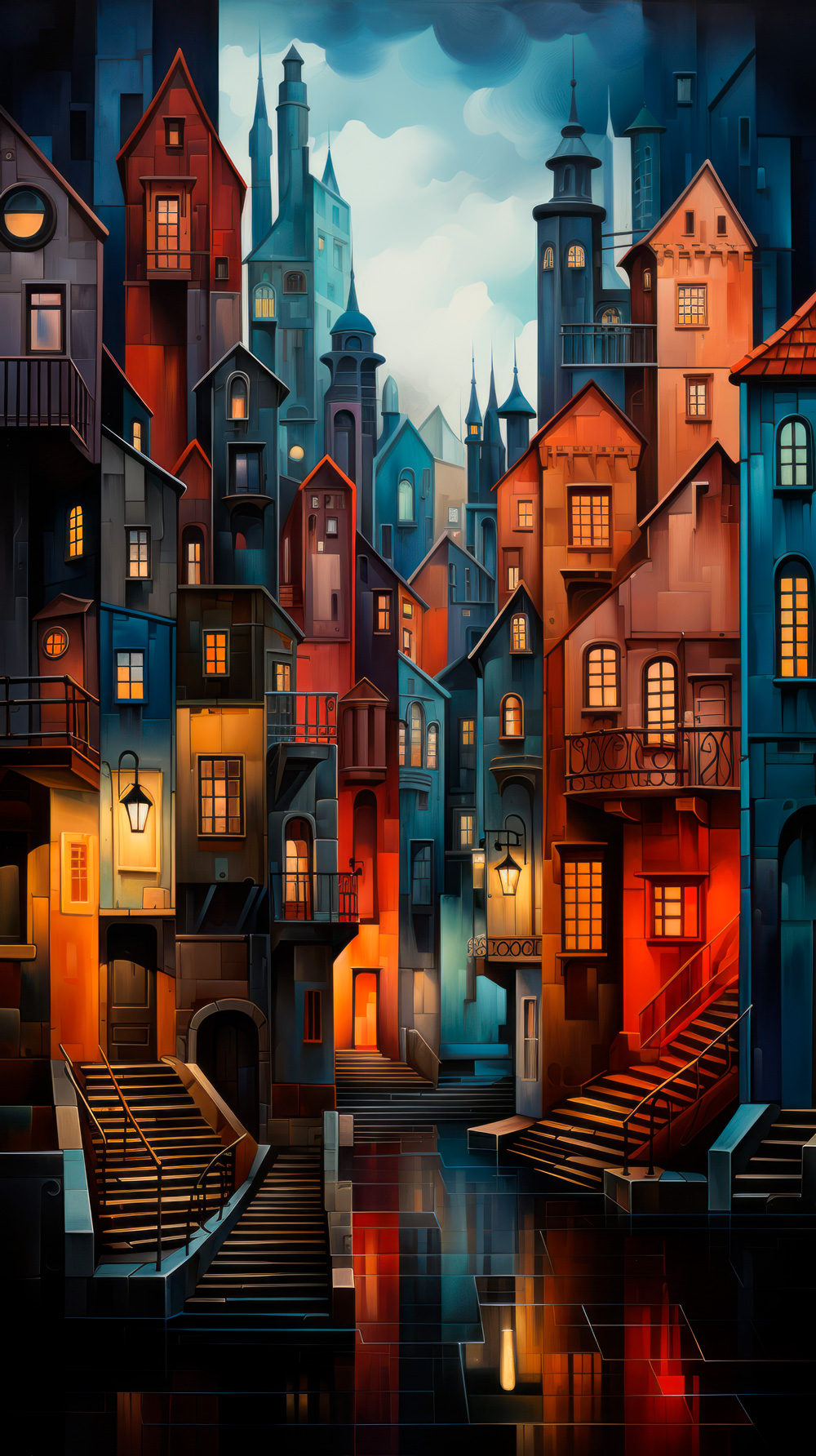 Leuchtende Stadt
Eine fantasievolle Stadt mit hohen, schmalen Häusern, Treppen und vielen leuchtenden Fenstern erscheint in kräftigen Blau-, Orange- und Rottönen. <br/>Alle Bilder: Darius Nagel