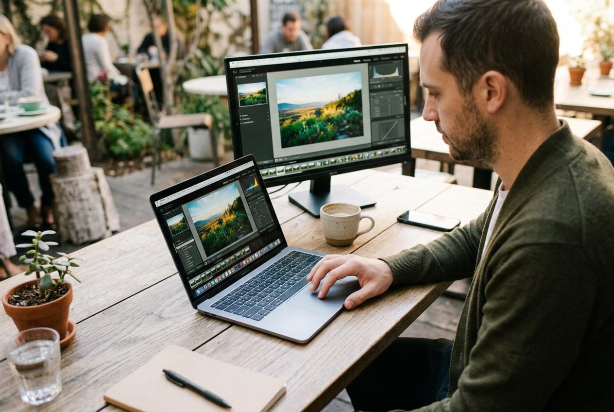 Unterwegs, für Büroarbeiten und das Surfen im Internet ist das Touchpad und seine Gesten toll. Leider hat es dasselbe Problem wie eine herkömmliche Maus: Die Unterarmknochen werden gegeneinander verdreht (was durch den außenstehende Ellbogen aber nicht ganz so unangenehm ist). © KI-generiert. Einen Zusatzmonitor auch beim Arbeiten im Café dabei zu haben, ist doch eine tolle Idee der KI, oder? 😄