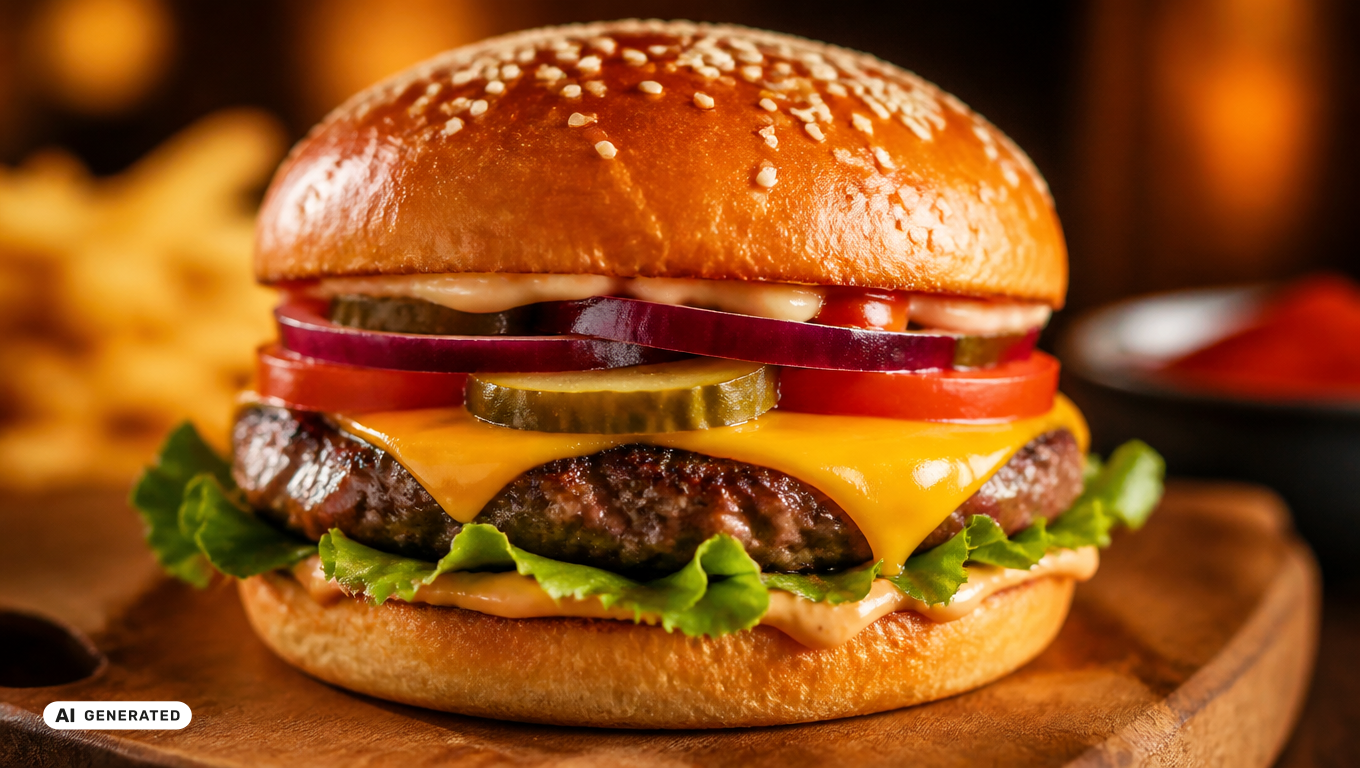 Prompt für OpenAI GPT Image 2: "appetitlicher Cheeseburger". Mit AI-Hinweis vielleicht weniger überzeugtend?