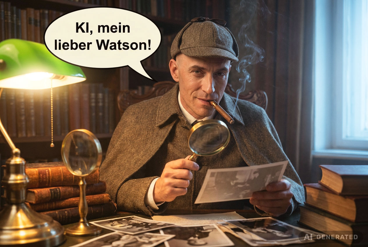 … „KI, mein lieber Watson!“ Aber Vorsicht: Schon so mancher selbstzugeschriebener Sherlock Holmes kann heute auch schon mal falsch liegen, wenn er echte Fotos als KI generiert identifiziert. Aber zumindest dieses Bild ist tatsächlich KI generiert, das kann ich Ihnen versichern. ;-)