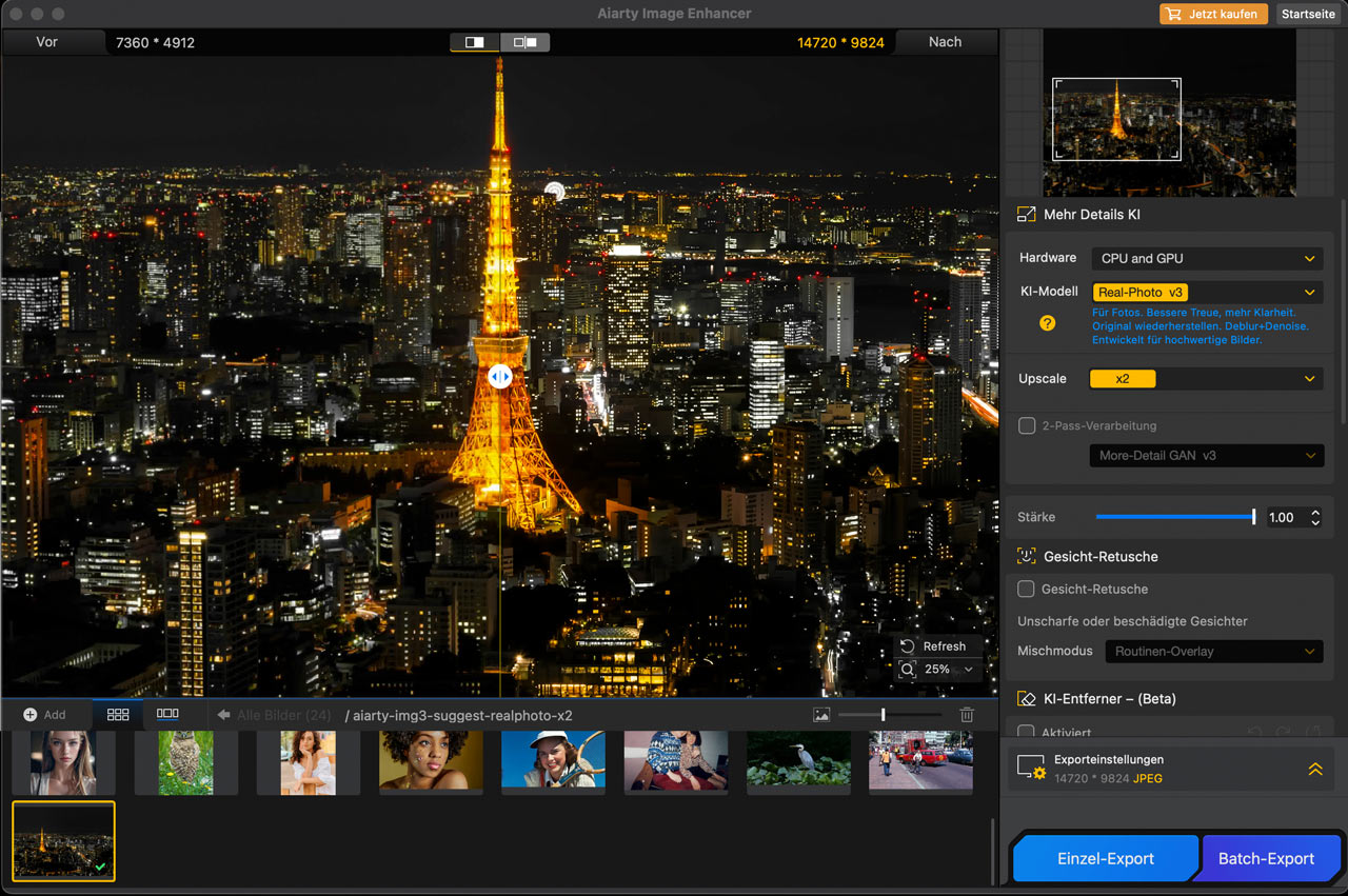 Nachtaufnahme mit Real-Photo v3, 2-facher Vergrößerung und Stärke 1,00. Von 7360 × 4912 auf 14720 × 9824 Pixel. Bild: Aiarty.