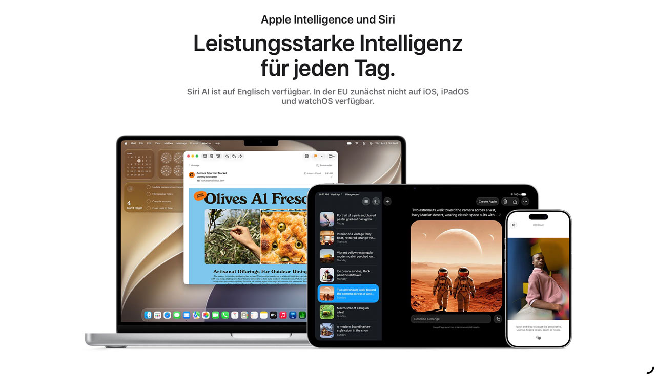 Wichtig ist das Kleingedruckte: Siri Al ist auf Englisch verfügbar. In der EU zunächst nicht auf iOS, iPadOS und watchOS verfügbar.
