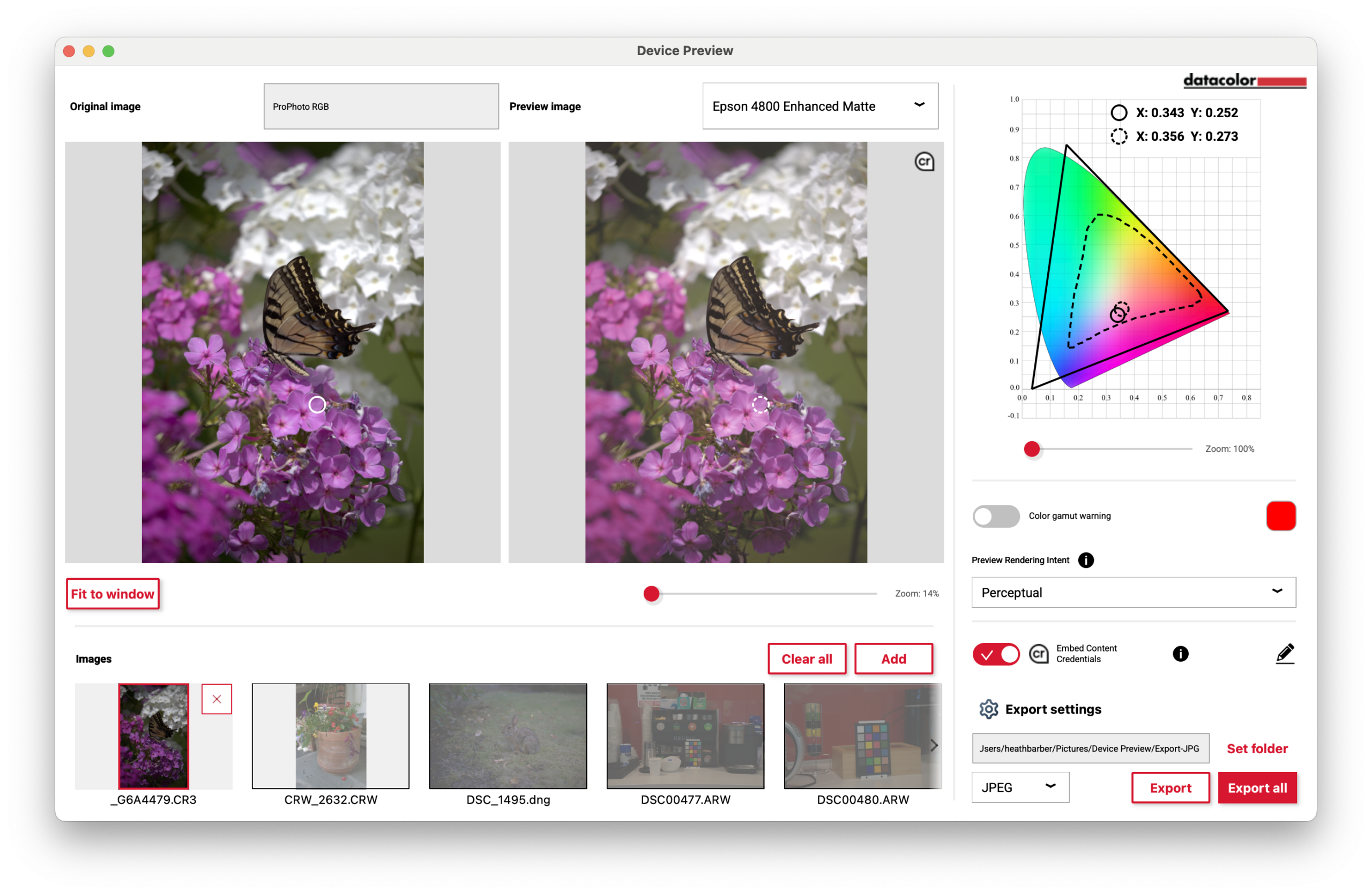 Softproof 2.0. Mit der DevicePreview Plus Applikation der SpyderPro-Software kann schnell und unkompliziert ein Softproof durchgeführt werden egal ob für Printer, die Simulation anderen Farbräume oder sogar für Smartphones und Tables. Stimmt z.B. ein Profil, so kann diesen im Batch-Modus auf eine ganze Bild-Serie übertragen und exportiert werden.