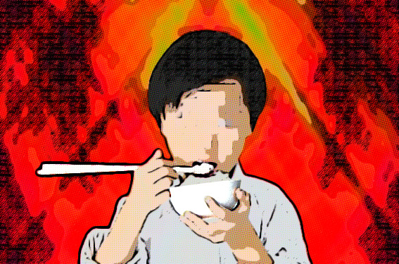 Asian boy eating white rice with chopsticks: Lesermeinung: Freisteller für eine Schüssel Reis …