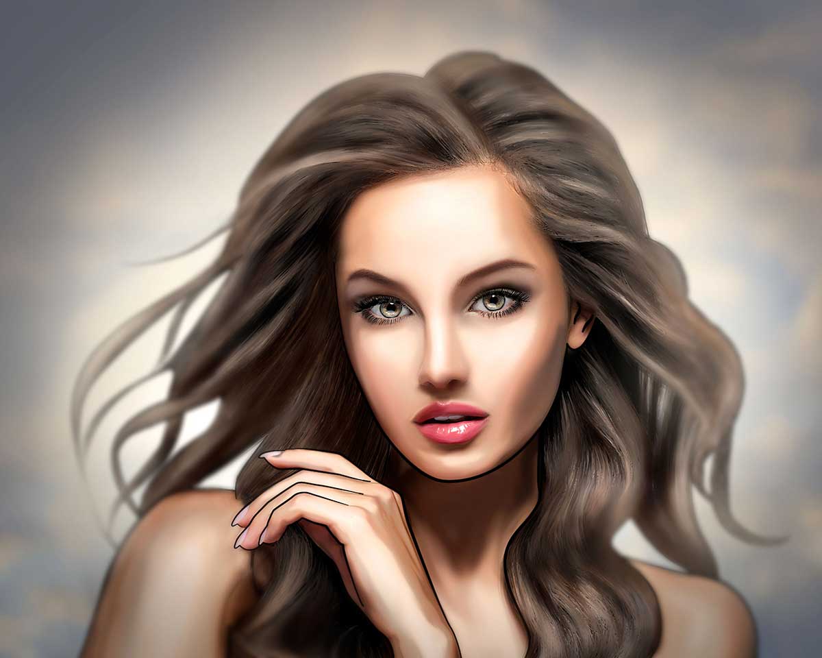 Beautiful woman with long curly hair: Comic-Stile
