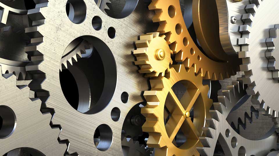 Clockwork mechanism or a machine inside. Closeup gears and cogs. 3d illustration