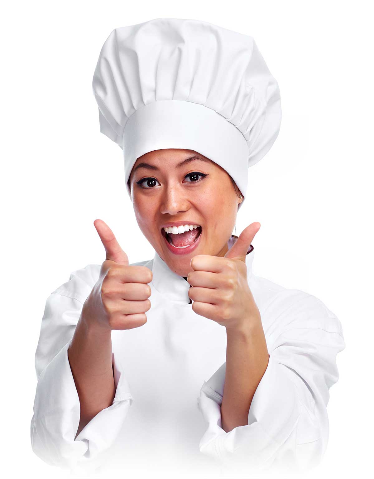 Die besten Profi-Rezepte. Happy chinese chef woman isolated white background