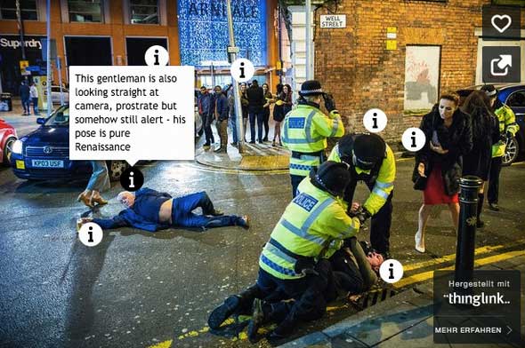 Die einzelnen Elemente der Bildkomposition, interpretiert von der Manchester Evening News. Der im Mittelgrund liegende Mann war kurz zuvor bei einer Rangelei gestürzt und hatte gerade noch sein Desperados retten können.