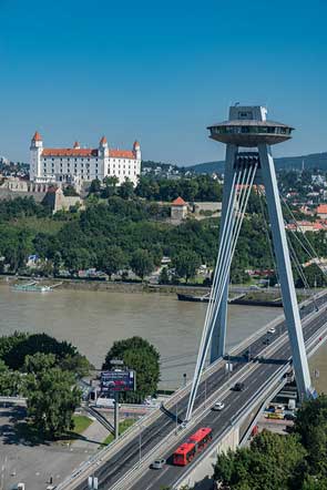Burg und UFO (so heißt das Restaurant auf dem Donaubrückenpylon tatsächlich), zwei Landmarken Bratislavas.