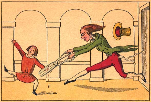 Heinrich Hoffmanns „Struwwelpeter“ enthält eine Szene, die wie das Vorbild für den Selfie-Stick-Killer wirkt: „Weh! Jetzt geht es klipp und klapp / Mit der Scher’ die Daumen ab, / Mit der großen scharfen Scher’! / Hei! da schreit der Konrad sehr.“