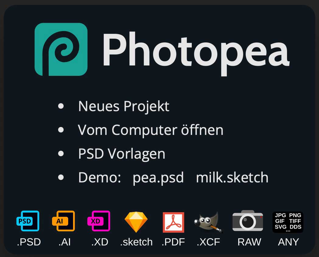 Photopea kann alle Photoshop-kompatiblen Formate und darüber hinaus auch Illustrator- und Affinity Photo-Dateien öffnen.
